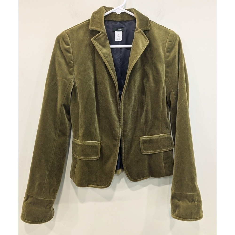 J. Crew Ecole Olive Green Velvet Hook Front Blazer Size 0
